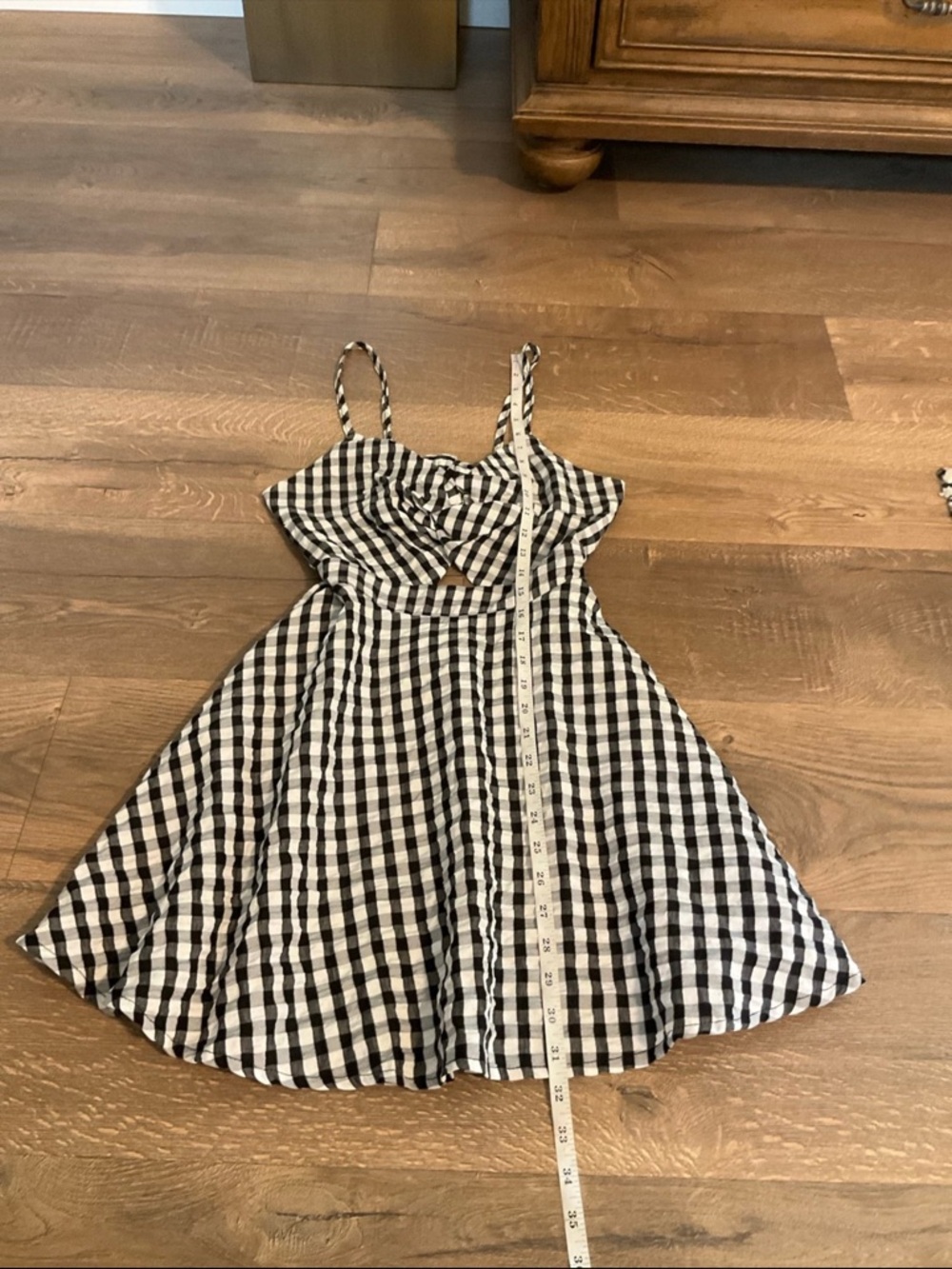 Black white gingham spaghetti strap back cutout mini dress, S - Picture 7 of 9